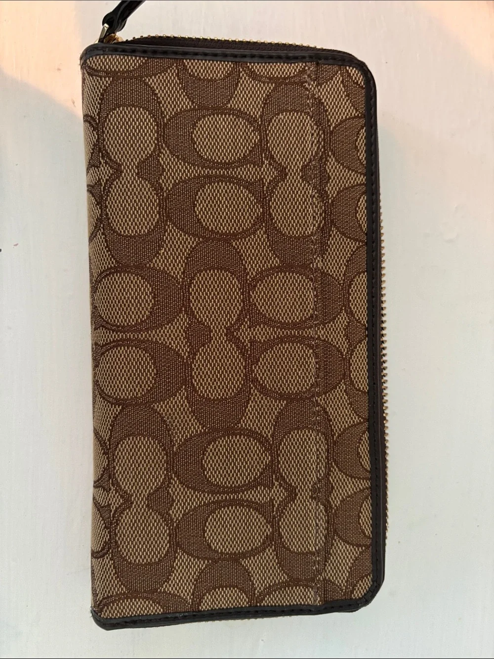 Coach Brown Signature Zip Wallet with Gold Logo